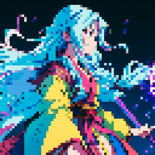 legendary anime girl wizard, long flowing hair, vibrant and dynamic colors, glowing magical staff, intricate and ornate robes, intense and focused expression looking to the right, not wearing shoes, sparkling and shimmering background, detailed and precise pixel art
