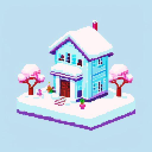 pastel palette, pixel art, ruins houses, snow