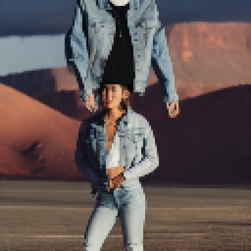 
man in denim jacket, eagles, desert, sunset, sneakers, jeans, white t-shirt, bushes, rails