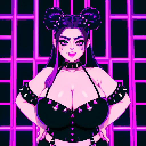 Portrait of Thicc, curvy, busty goth babe with studded collar, long purple hair in buns, fishnet stockings, studded halter top, posing sexy. neon lighting. pixel art, sRGB.
