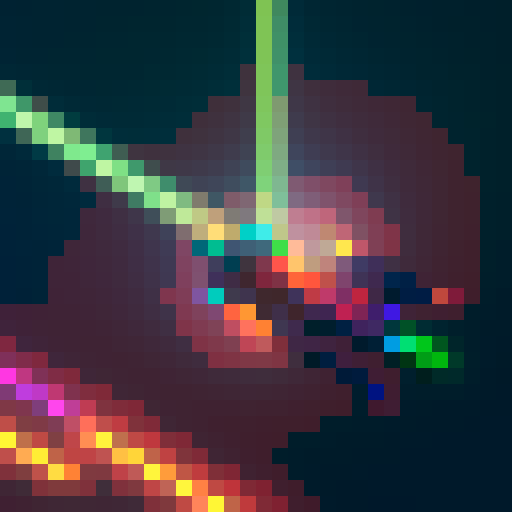 Spaceship sprite soaring through a neon-lit asteroid field, its thrusters blazing with a rainbow glow, as sparks of electricity crackle across its pixelated hull