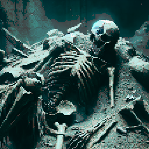 Dead character, adorned in rusty, battle-worn armor, lying amidst the eerie shadows of a menacing dungeon, surrounded by ancient bones and remnants of a forgotten fantasy RPG world
