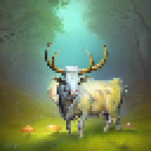 Horned cow with shimmering fur and golden hooves charging through a mystical forest filled with glowing mushrooms and swirling magic.
