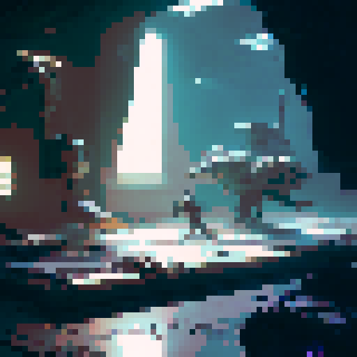 Robotic flooring with metallic screws, machinery emitting sparks, and scattered robot limbs in a fantastical RPG art style