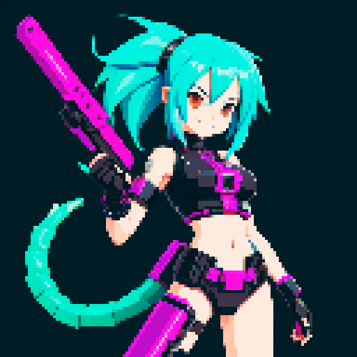 Anime inspired character with vibrant hair, expressive eyes, and a playful smile, with a metallic cyberpunk scorpion tail as weapon