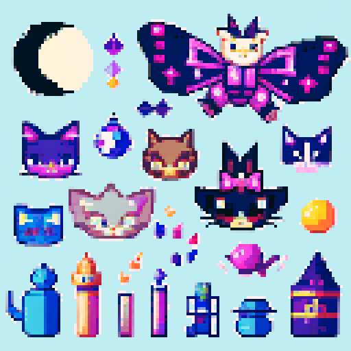 pixel art style collection of witchy objects such as moons cats moths wants stars crystals orbs etc whimsical cute witchy style