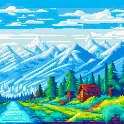 Snow-capped peaks towering over pine forests and a modern city, with a trash strewn all over the streets, all rendered in a vibrant, pixelated art style on an sRGB background