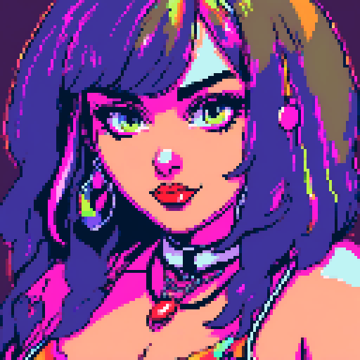 Busty curvy goth babe with studded collar, vibrant neon colors, bold outlines, and a retro sRGB color palette
