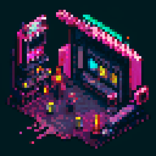 Create a pixel art illustration of a cyberpunk bar with a detailed bar counter. The scene should have a side-scroll perspective, capturing the bustling atmosphere typical of 2D games. Make sure to include neon lights, futuristic decor, and characters interacting within the bar. The image should have a trendy and stylish aesthetic, reflecting the vibrant and edgy nature of the cyberpunk genre.