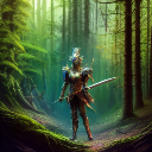 Amidst a dense forest of towering trees and glowing mushrooms, a fierce warrior clad in shimmering armor wields a glowing sword, ready to battle the nefarious monsters that lurk in the shadows.
