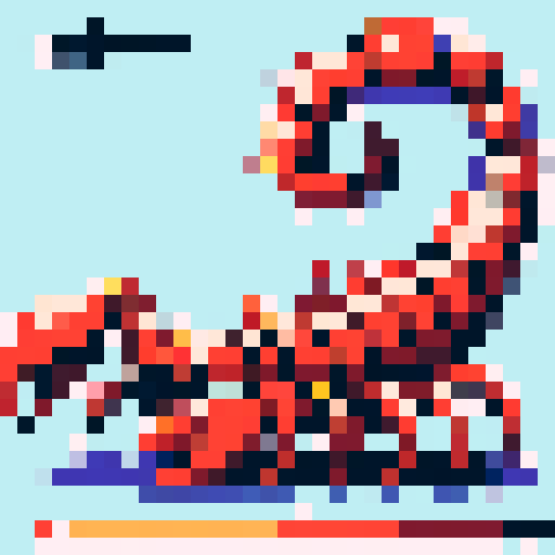 scorpion enemy, pixel art, sRGB, menacing silhouette, vibrant colors, jagged pincers, segmented body, poisonous stinger, menacing eyes, textured exoskeleton