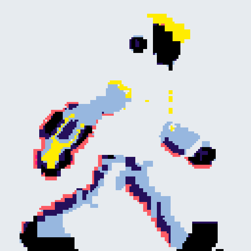 cyberpunk space trader sprite, pixel art, futuristic design, cybernetic arm with intricate detailing, glowing yellow-orange visor over the eyes, trench coat with glowing lines, white, blue and teal color palette with neon pink accent, yellow visor tint, distinct sci-fi aesthetic, confident posture, mid-step left first, left left bent and raised, arms extended, pixel art, sRGB