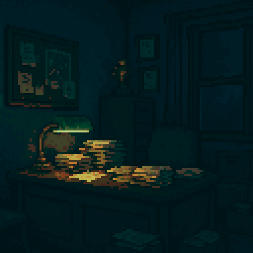 Pixel art of a dimly lit coach’s office filled with character: an old desk stacked with yellowed scouting reports, a flickering green-shaded desk lamp casting a small circle of light, and a dusty, tarnished trophy on a nearby shelf. One window shows night falling. The room is cramped, cluttered, and lived-in. Blues, muted browns, and hints of gold for the trophy. Add soft shadows for atmosphere.