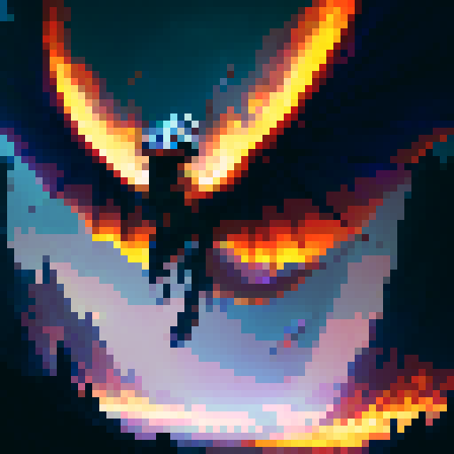 Fiery dragon with shimmering scales, wings spread wide as it soars through a cloudy sky, spewing flames from its monstrous jaws with a backdrop of a mystical kingdom in a fantasy RPG style