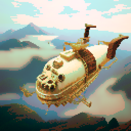 Steampunk airship adorned with gears and brass, soaring above the mist-covered Chinese ivory mountains, capturing the essence of the breathtaking pixel art style