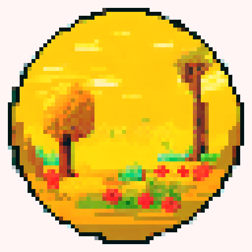 Pixelated gold retro game coin, sparkling and shimmering, surrounded by vibrant 8-bit flowers and trees, set against a nostalgic sRGB pixel art background depicting a serene and captivating landscape