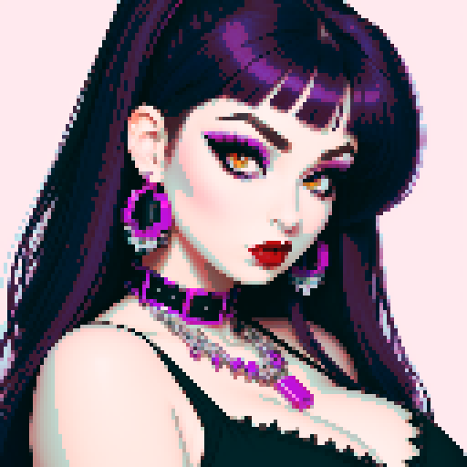 Thicc, busty goth girl, long purple hair, eyeliner, red lipstick, halter top, spiked collar, up close face portrait, vibrant sega genesis palette, pixel art portrait, 
