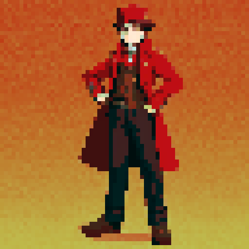 steampunk young man, red coat, red hat, 2D game stance, pixel art, sRGB