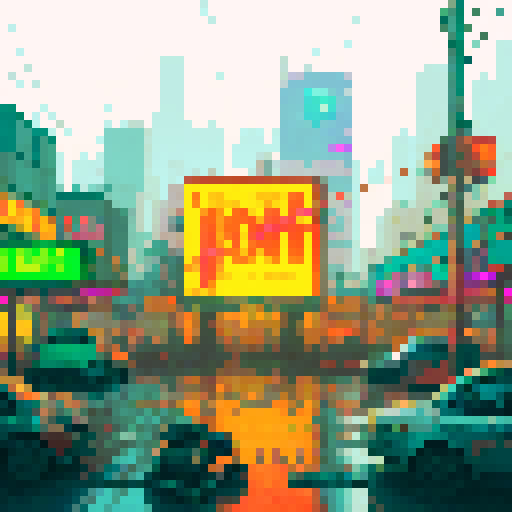 Cyberpunk neon-lit streets, towering skyscrapers, flying hovercars, bustling market stalls, holographic billboards, steam rising from metal grates, vibrant graffiti, glitchy neon signs, rain-soaked cityscape, futuristic androids, glowing cybernetic implants, smoke-filled alleys, flickering streetlights, pixelated shadows, electrified wire fences, abandoned robot junkyards, mirrored glass facades, sRGB color palette