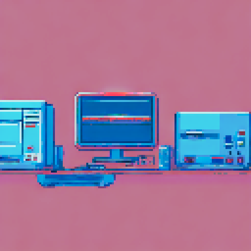 pixel art, retro consoles, computers, monitors, dark background
