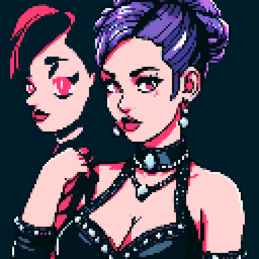 curvy, busty cute goth babe with studded collar, big titty goth wearing studded leather halter top. Large breasts. hair in buns with side bangs.  close up portrait, pixel art, sRGB