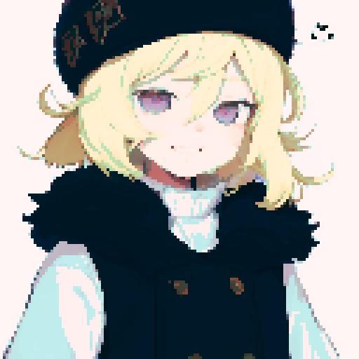 Solo male with perfect anatomy, straight-on, inframe, facing viewer, with round pupils, light blonde hair between eyes, wearing an ushanka hat with a black fur collar, a black vest, puffy sleeves, and black elbow gloves, his round eyes and pink eyes looking at the viewer, smile, giving off a sadistic vibe, in a pixel art style with sRGB colors, half closed eyes