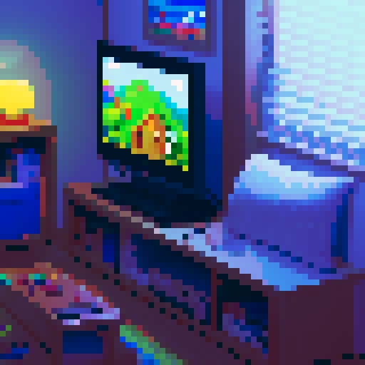 n64 game console in cozy room with the image of a cabin on the screen saying "start"