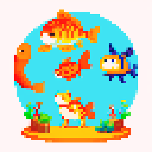 A goldfish, a turtle, a cat and a dog standing together as a family. 