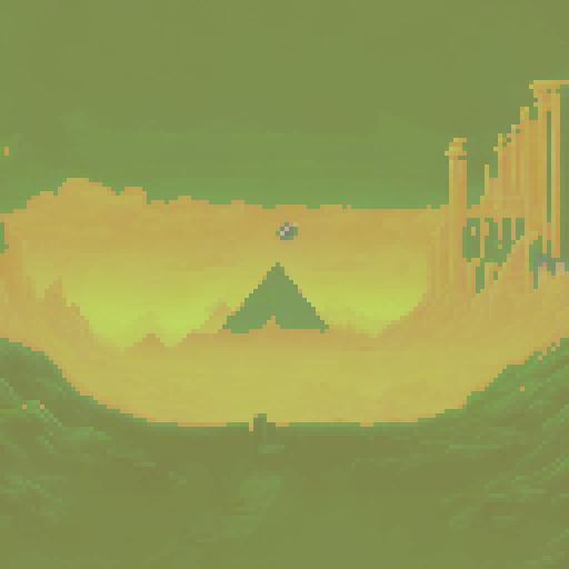 lovecraftian egyptian temple, eerie, towering, ancient, foreboding, ominous, detailed hieroglyphics, haunting shadows, otherworldly creatures, ethereal glow, pixelated, vibrant colors, sRGB, pixel art, immersive background, vast landscape