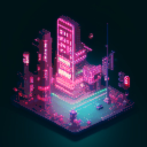 isometric 3D anime girl hovering in street, Japanese cyberpunk, neon lights, futuristic cityscape, dark colors, pixel art