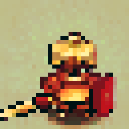 Horned Knight's fierce eyes pierce through the pixelated screen, adorned with a gleaming helmet, glowing red aura, and a fierce expression