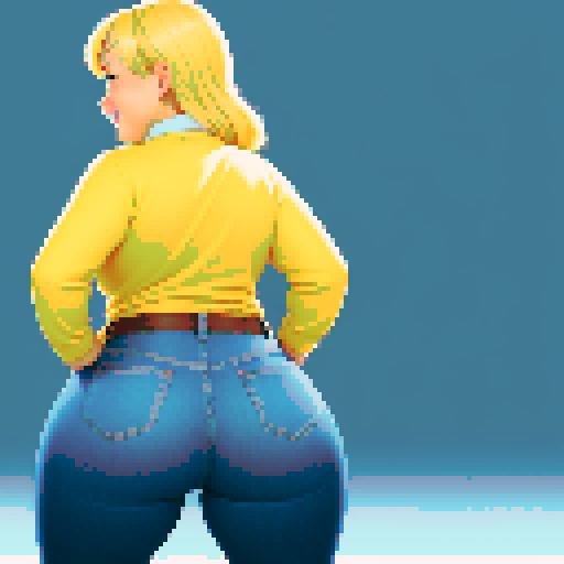 chubby, blonde, girl, jeans, long sleeve shirt, wide hips, very big butt, facing away from camera, looking back and smiling, kneeling, mooning, revealing buttocks, pixel art, sRGB