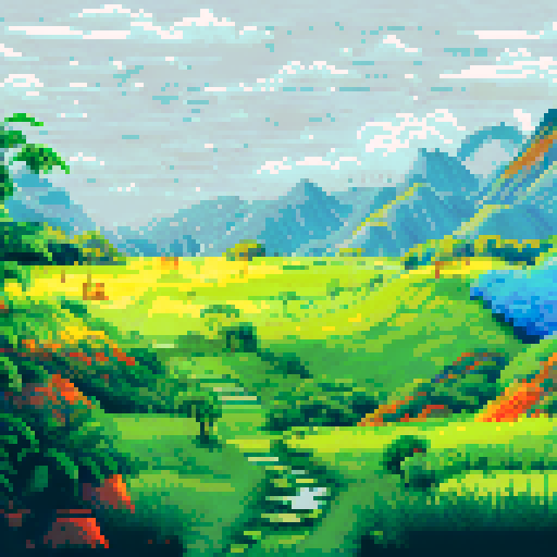 Lush, green landscape with high-tech elements, rendered in sRGB pixel art style