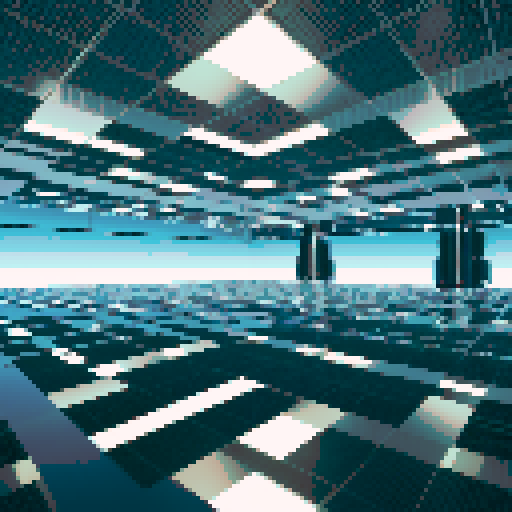 A surreal battleground in a mirror room with a reflective mirrored floor in the foreground, angled slightly upward for depth. The bottom-left corner is clear and open for a player's perspective, while the middle-right showcases mirrored walls and ceilings creating infinite reflections. Subtle light beams scatter across the surfaces, enhancing the futuristic and disorienting atmosphere, suitable for a balanced battle environment.