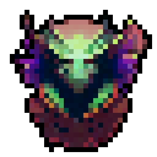 
make a 16x16 pixelart video game style sprite of a gothic style mini monster with sinuous hood and mystical colors