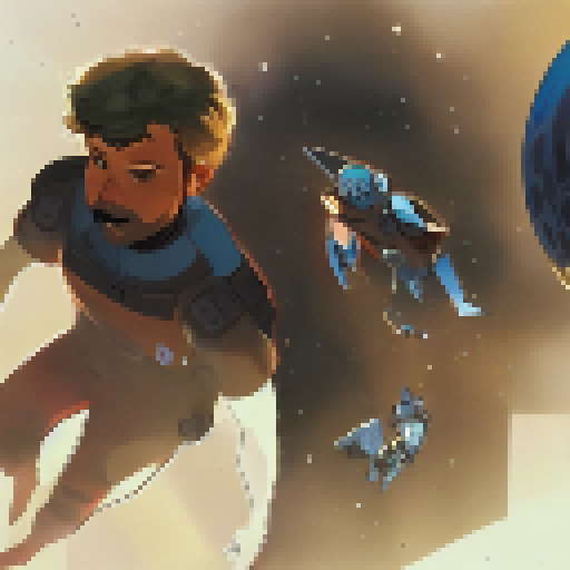 Brown astronaut hovers in the dark space, overlooking the twinkling city lights of Earth below, while a Twitter bird perches on an asteroid and a satellite orbits in the distance; the future is bright with the landscape portrait style.