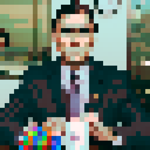 Middle-aged Caucasian male with receding dark hair, dressed in a business suit. Expressive eyebrows and a slightly bemused expression, symmetrical image 