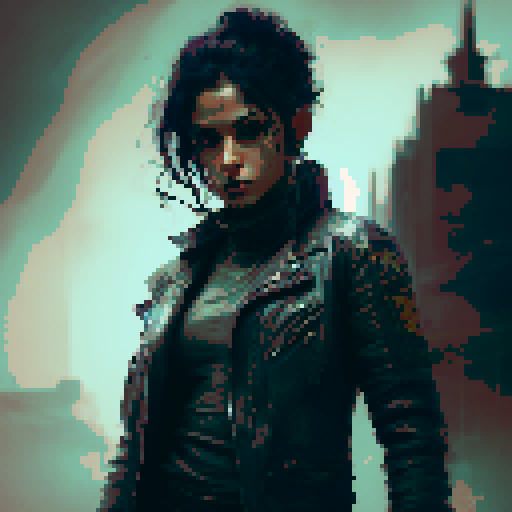 Dark and gritty, with a focus on shadows and sharp edges. 

        Knife-wielding, towering young woman with piercing eyes stands in a dimly-lit alleyway, her leather jacket and combat boots casting long shadows against the brick wall behind her.