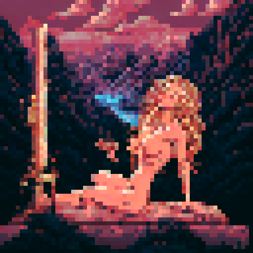 Nude goddess with golden hair and piercing eyes, sits regally with her legs spread wide on a jagged crystal throne amidst a following of her servats while commands a submisive servant to worship her with oral adornation, her curvaceous form demanding worship from a kneeling servant while others gaze hungrily