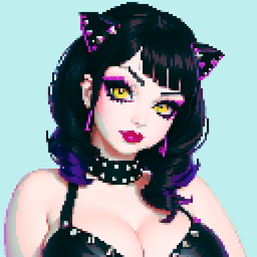curvy, cute goth cat girl face, black hair, purple eyeshadow, red lipstick, studded leather, face portrait, glamour shot, vibrant sRGB colors, pixel art