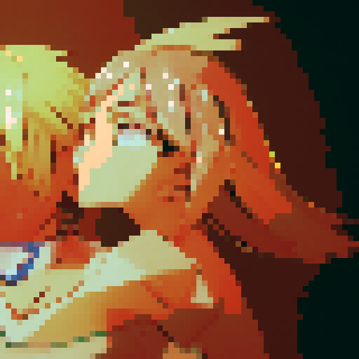 Blonde girl with blue eyes, kneeling in front of a white guy with messy hair, holding his throbbing member with both hands adorned with nail polish, while her tongue sticks out and her cheeks become rosy in an anime style