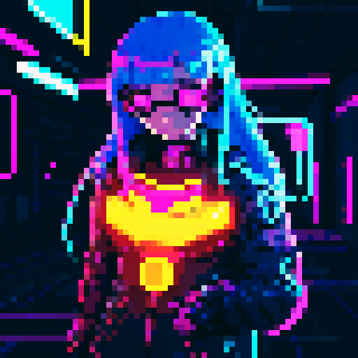 cyberpunk anime girl hacker, vibrant neon colors, futuristic cityscape backdrop, glitchy pixel art aesthetic, 16-bit animation style, glowing LED tattoos, pixelated holographic interface, electric blue hair, cybernetic augmentations, glowing cyber eyes, virtual reality headset, digital code flowing around her, futuristic cyberpunk fashion
