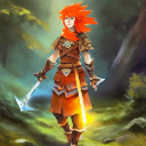 Orange-haired warrior portrait, wielding a glowing sword amidst a mystical forest, with dragons and magic runes in the background.