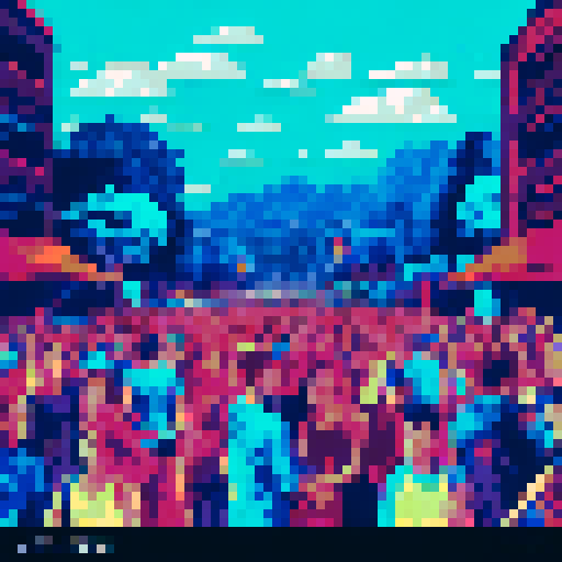 let's image you're on the rock festival within a lot of people, some of them dancing other of them raving, talking with word in boubles, drinking, etc. also it's happening at the night with a lot of colour lights and with a lot of stars on the sky 