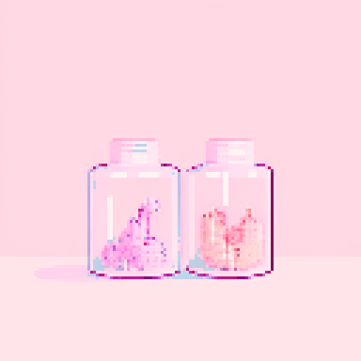 A nail tech and a client in a nail salon. Nail polish bottles pastel pink