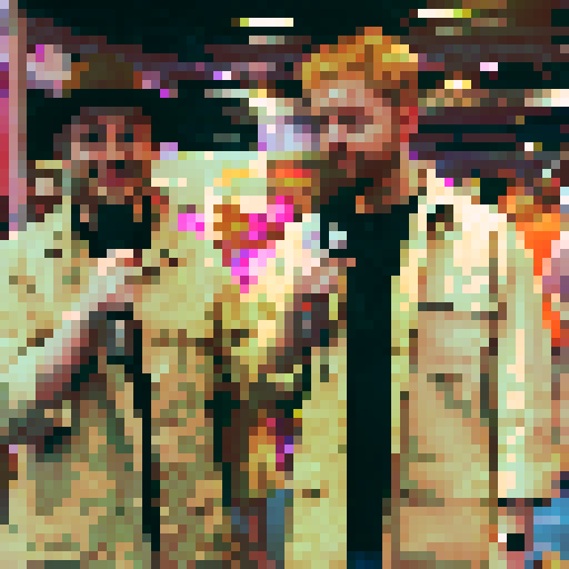 adventurers exploring a vibrant and mystical forest, surrounded by towering trees and sparkling streams, capturing their awe-struck expressions with vintage microphones, highlighting their friendly camaraderie through smiles, all depicted in a breathtaking landscape portrait with intricate character designs, showcasing the beauty of pixel art in every meticulously detailed element