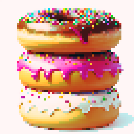 three big doughnuts in center of a frame, with vibrant colored icing dripping down, sprinkles on top, white background