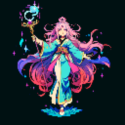 legendary anime girl wizard, long flowing hair, vibrant and dynamic colors, glowing magical staff, intricate and ornate robes, intense and focused expression looking to the right, not wearing shoes, sparkling and shimmering background, detailed and precise pixel art
