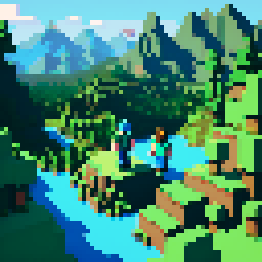 minecraft steve wearing a green fedora hat, surrounded by a vibrant, pixelated landscape with towering mountains, lush forests, and a sparkling blue river