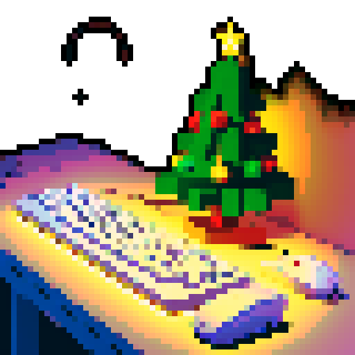 keyboard, mouse, decorated Christmas tree with twinkling lights instead of monitor, desk, 8-bit, vibrant and lively asthetic